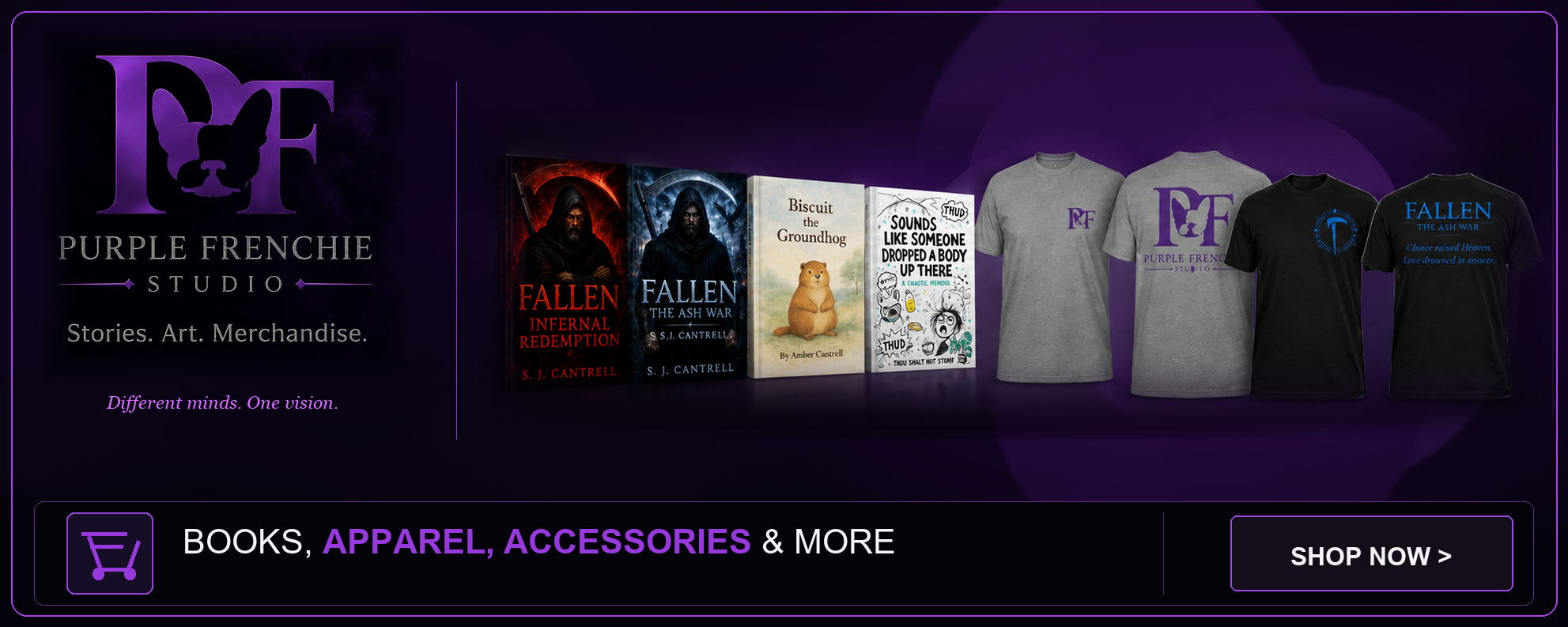 PurpleFrenchie store banner with books, shirts, apparel, accessories, and shop now link
